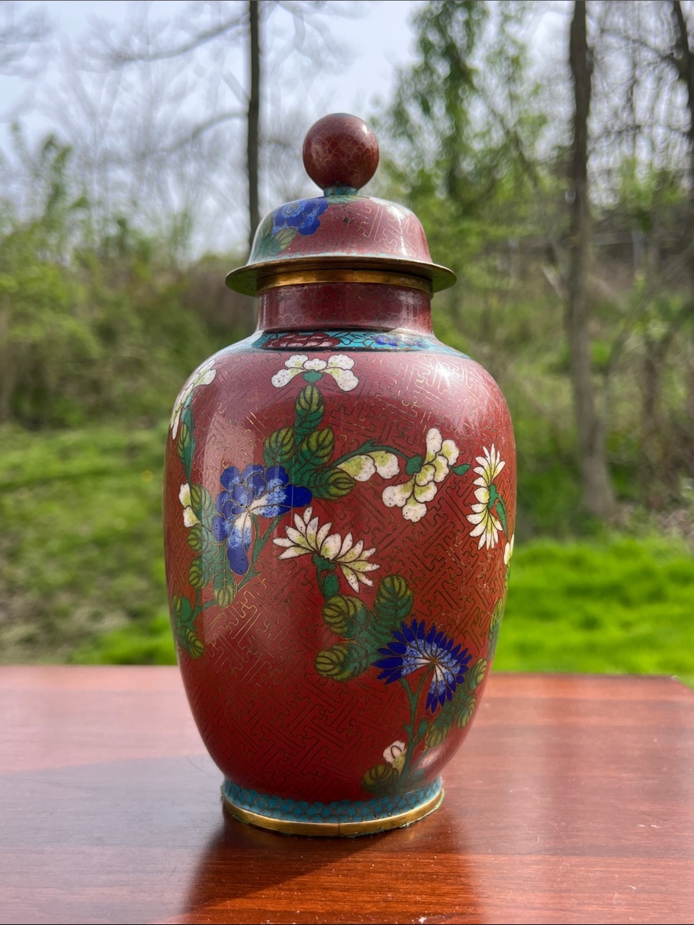 Antique 19th Century Asian Floral Red Cloisonné Enamel Ginger Jar with Lid